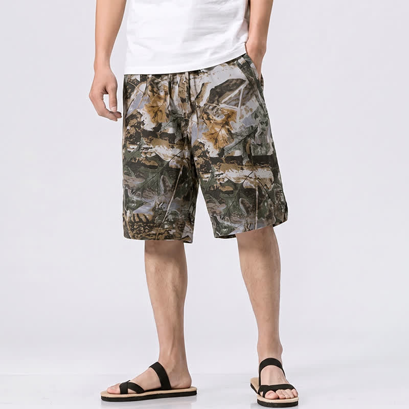 Buddha Stones Short d'été décontracté et athlétique pour homme, en coton ramie, avec cordon de serrage, motif camouflage à feuilles et poches. - Gris - US/UK/AU44, EU54 (4XL) - image 0