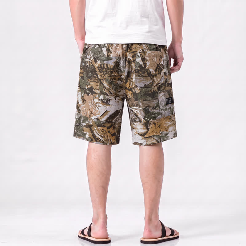 Buddha Stones Short d'été décontracté et athlétique pour homme, en coton ramie, avec cordon de serrage, motif camouflage à feuilles et poches. - image 1