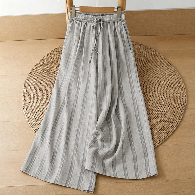 Buddha Stones Pantalon court rayé à cordon de serrage, style décontracté printemps-été, jambes larges et poches pour femme - Lin - US8-10, UK/AU12-14, EU40-42 (2XL) - image 0