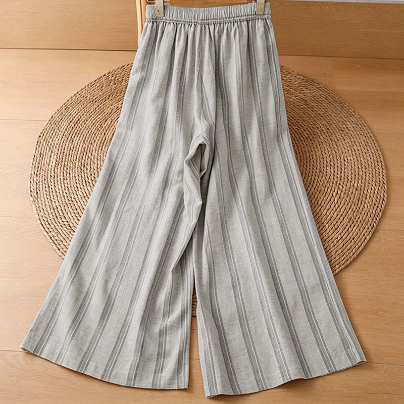 Buddha Stones Pantalon court rayé à cordon de serrage, style décontracté printemps-été, jambes larges et poches pour femme - image 1