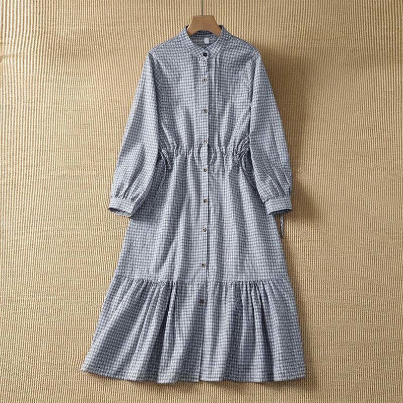 Buddha Stones Robe à carreaux boutonnée à manches longues pour femme, style printanier décontracté - Bleu acier clair - US8-10, UK/AU12-14, EU40-42 (2XL) - image 0