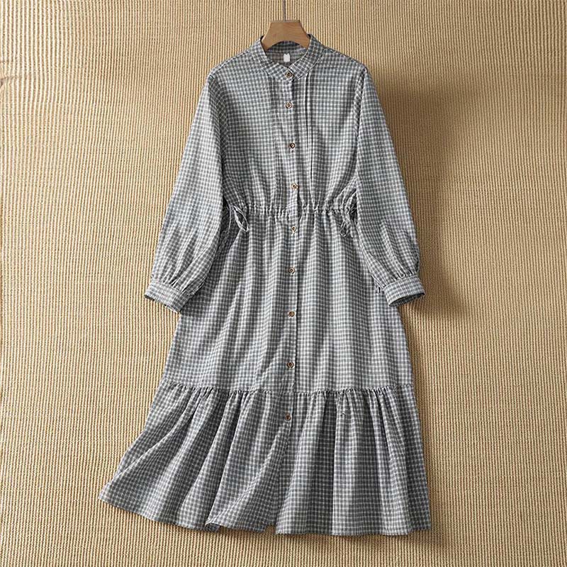 Buddha Stones Robe à carreaux boutonnée à manches longues pour femme, style printanier décontracté - Noir - US8-10, UK/AU12-14, EU40-42 (2XL) - image 1