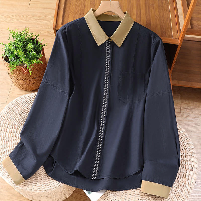 Buddha Stones Chemises d'été minimalistes à manches longues pour femmes, style uni, avec finitions contrastées et poches plaquées. - Bleu nuit - US8-10, UK/AU12-14, EU40-42 (2XL) - image 0