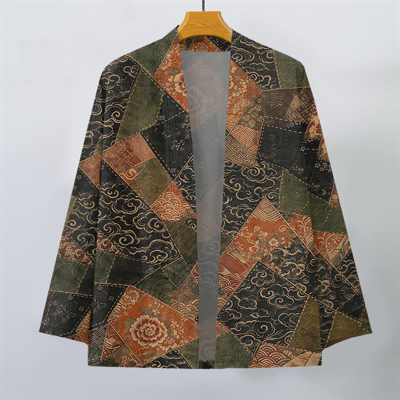Buddha Stones Kimono homme vintage en coton patchwork à motif vagues, ouvert sur le devant - image 1