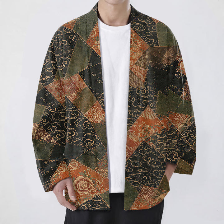 Buddha Stones Kimono homme vintage en coton patchwork à motif vagues, ouvert sur le devant - Noir - US/UK/AU48，EU58 (4XL) - image 0