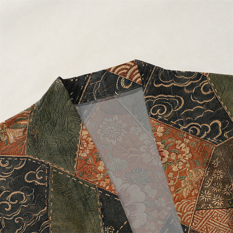 Buddha Stones Kimono homme vintage en coton patchwork à motif vagues, ouvert sur le devant - image 3