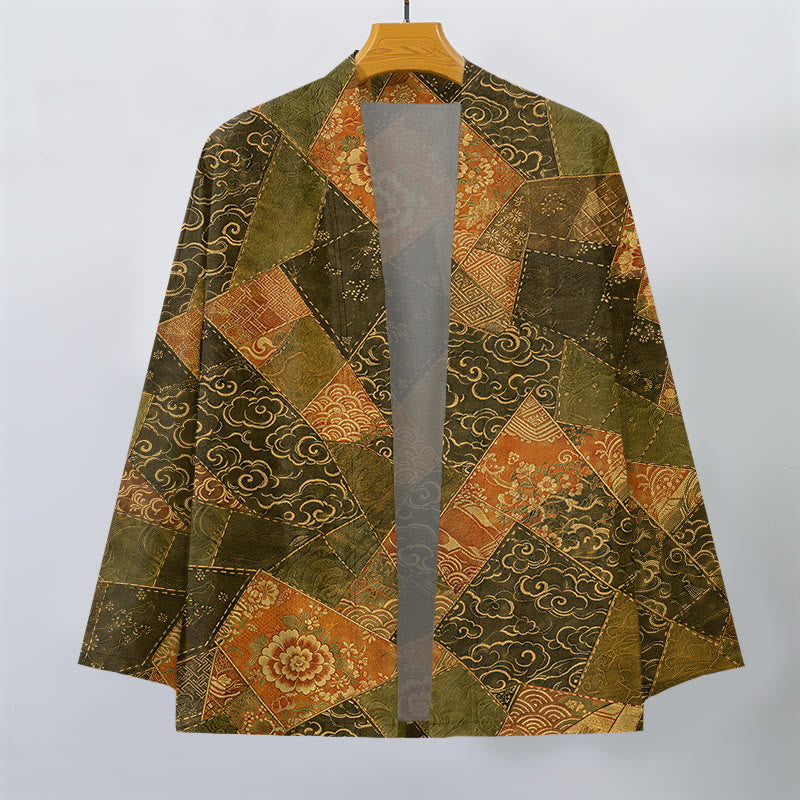 Buddha Stones Kimono homme vintage en coton patchwork à motif vagues, ouvert sur le devant - image 7