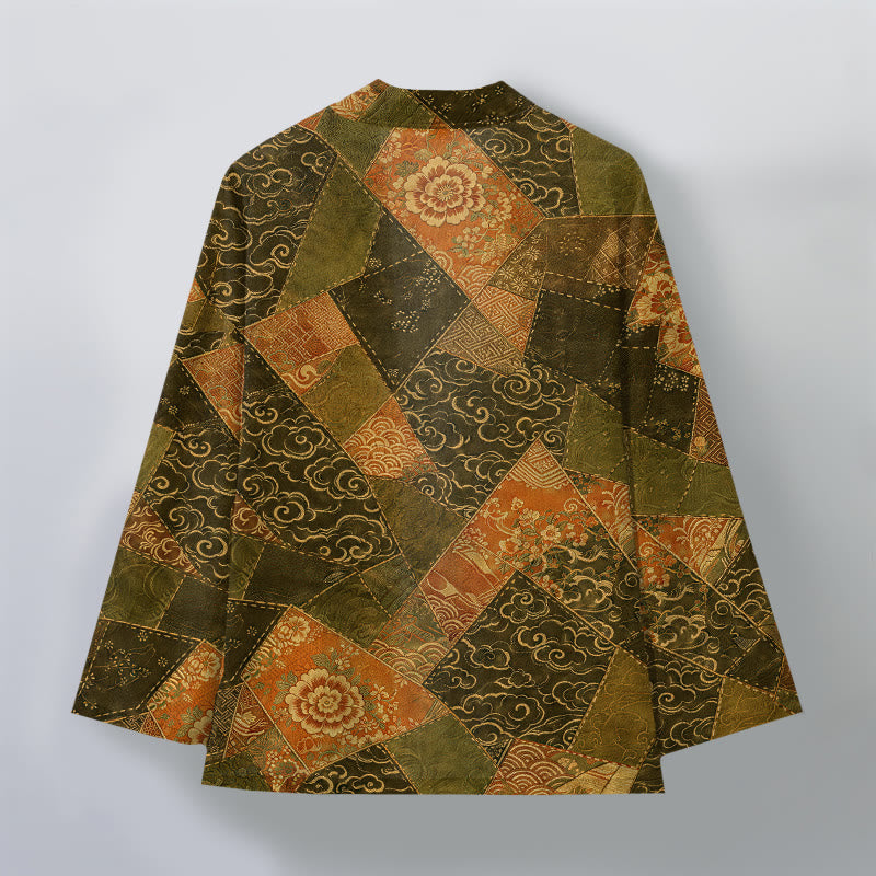 Buddha Stones Kimono homme vintage en coton patchwork à motif vagues, ouvert sur le devant - image 8