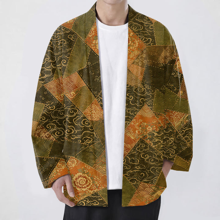 Buddha Stones Kimono homme vintage en coton patchwork à motif vagues, ouvert sur le devant - Vert olive foncé - US/UK/AU48，EU58 (4XL) - image 6