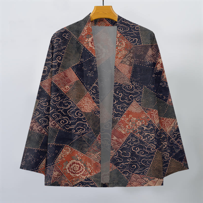 Buddha Stones Kimono homme vintage en coton patchwork à motif vagues, ouvert sur le devant - image 10