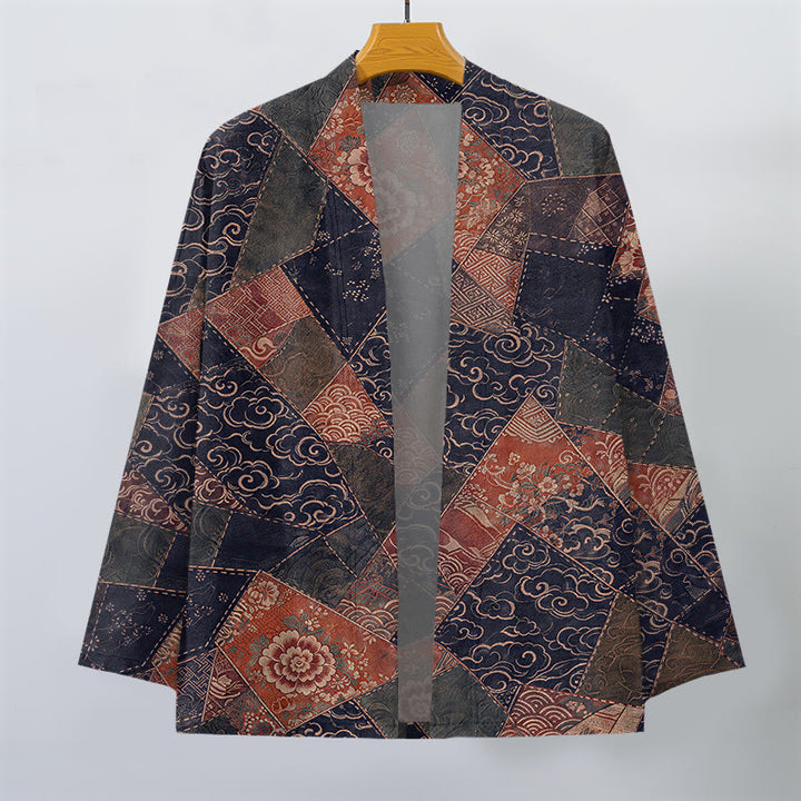Buddha Stones Kimono homme vintage en coton patchwork à motif vagues, ouvert sur le devant - image 10