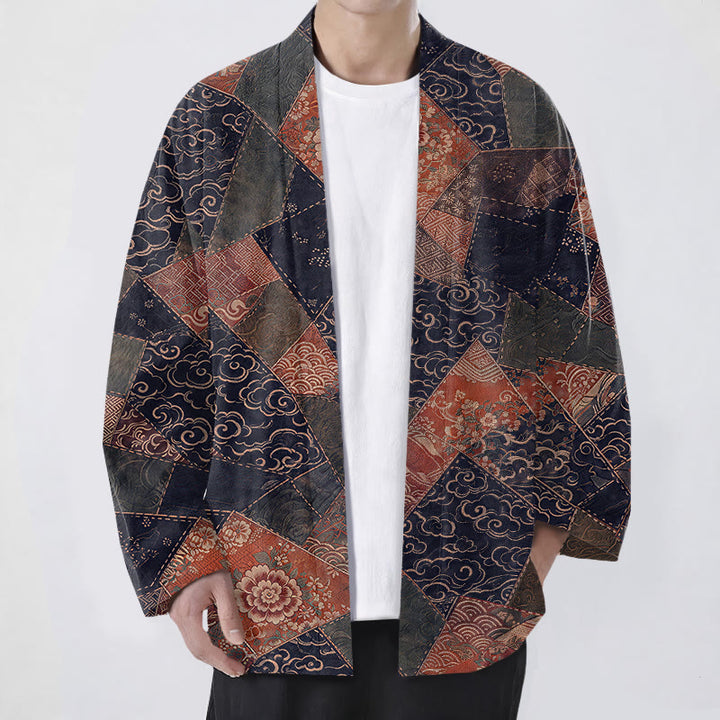 Buddha Stones Kimono homme vintage en coton patchwork à motif vagues, ouvert sur le devant - Marine - US/UK/AU48，EU58 (4XL) - image 9