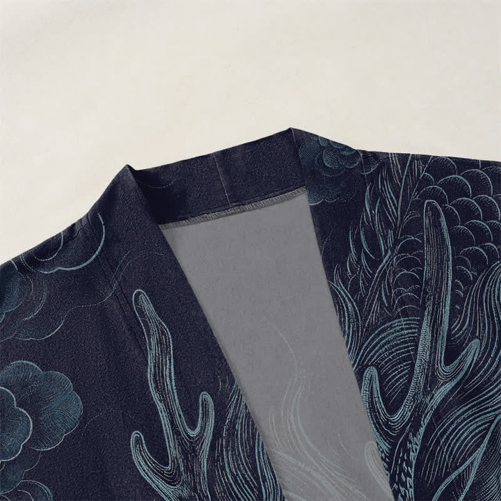 Buddha Stones Kimono pour homme en coton à motif de brume et de dragon ancien, ouvert sur le devant - image 3