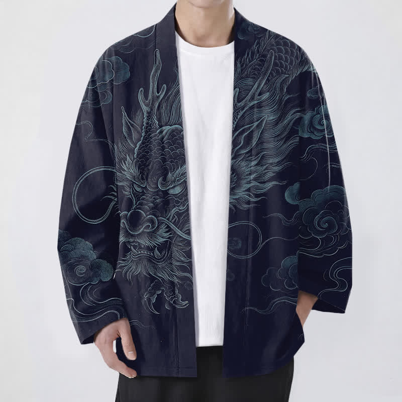 Buddha Stones Kimono pour homme en coton à motif de brume et de dragon ancien, ouvert sur le devant - Marine - US/UK/AU48，EU58 (4XL) - image 0