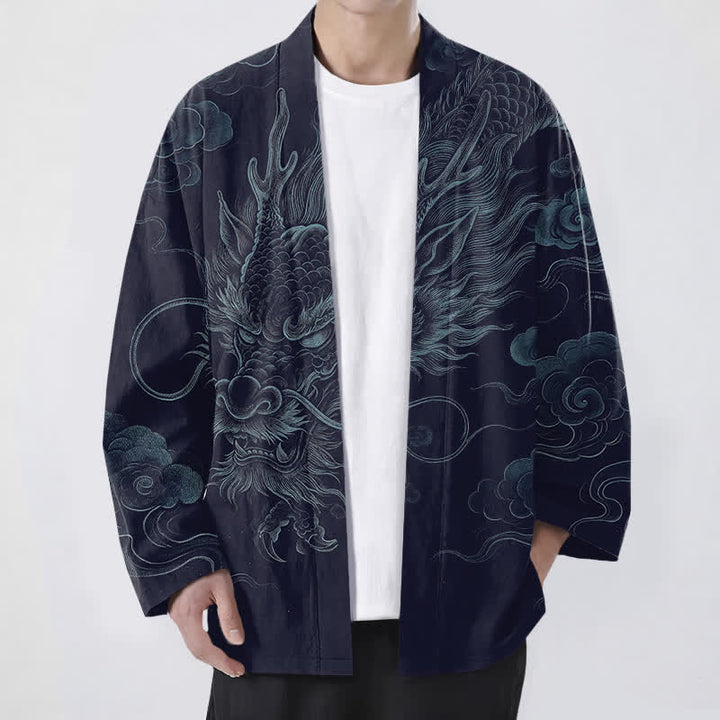 Buddha Stones Kimono pour homme en coton à motif de brume et de dragon ancien, ouvert sur le devant - Marine - US/UK/AU48，EU58 (4XL) - image 0