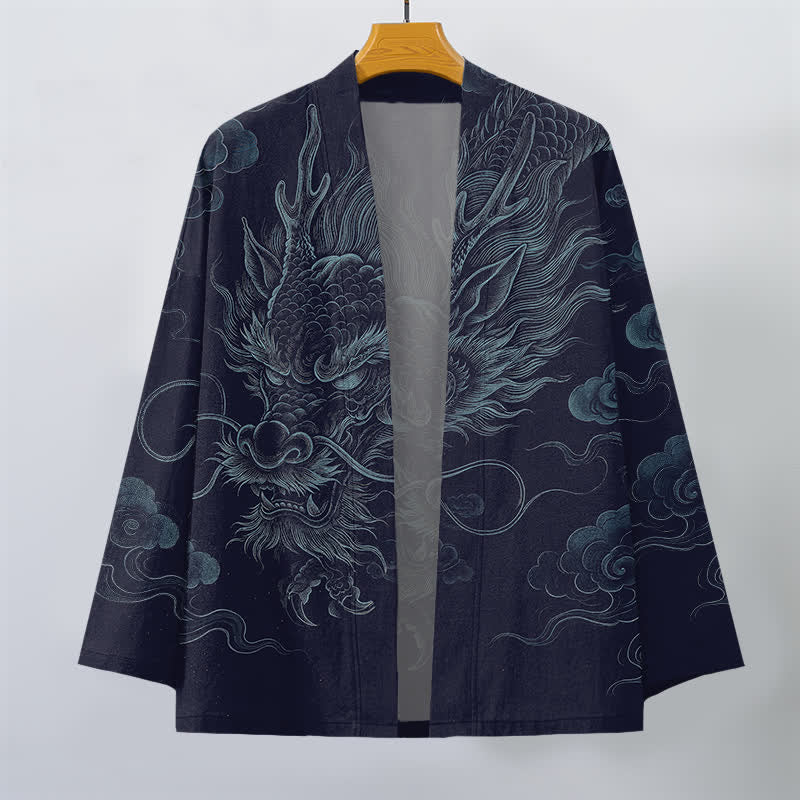 Buddha Stones Kimono pour homme en coton à motif de brume et de dragon ancien, ouvert sur le devant - image 1