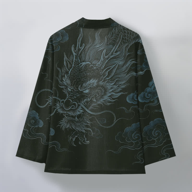 Buddha Stones Kimono pour homme en coton à motif de brume et de dragon ancien, ouvert sur le devant - image 8