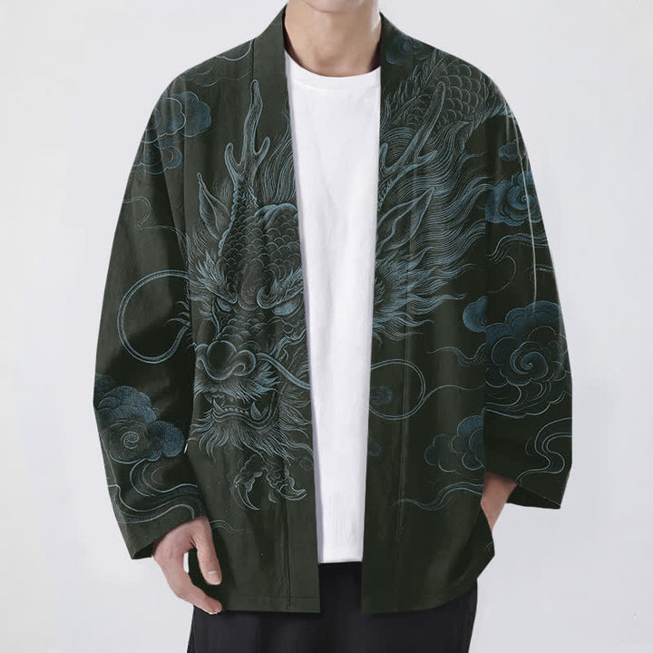 Buddha Stones Kimono pour homme en coton à motif de brume et de dragon ancien, ouvert sur le devant - Vert foncé - US/UK/AU48，EU58 (4XL) - image 6