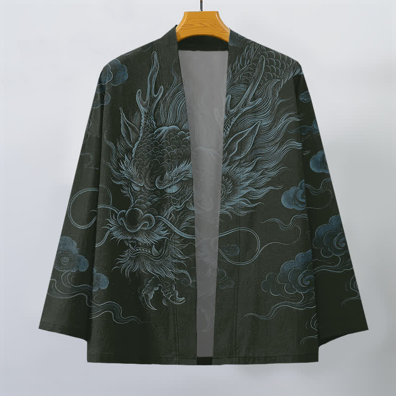 Buddha Stones Kimono pour homme en coton à motif de brume et de dragon ancien, ouvert sur le devant - image 7