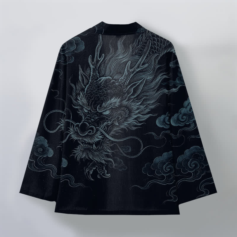 Buddha Stones Kimono pour homme en coton à motif de brume et de dragon ancien, ouvert sur le devant - image 11