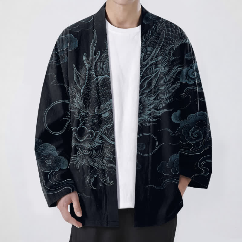 Buddha Stones Kimono pour homme en coton à motif de brume et de dragon ancien, ouvert sur le devant - Noir - US/UK/AU48，EU58 (4XL) - image 9