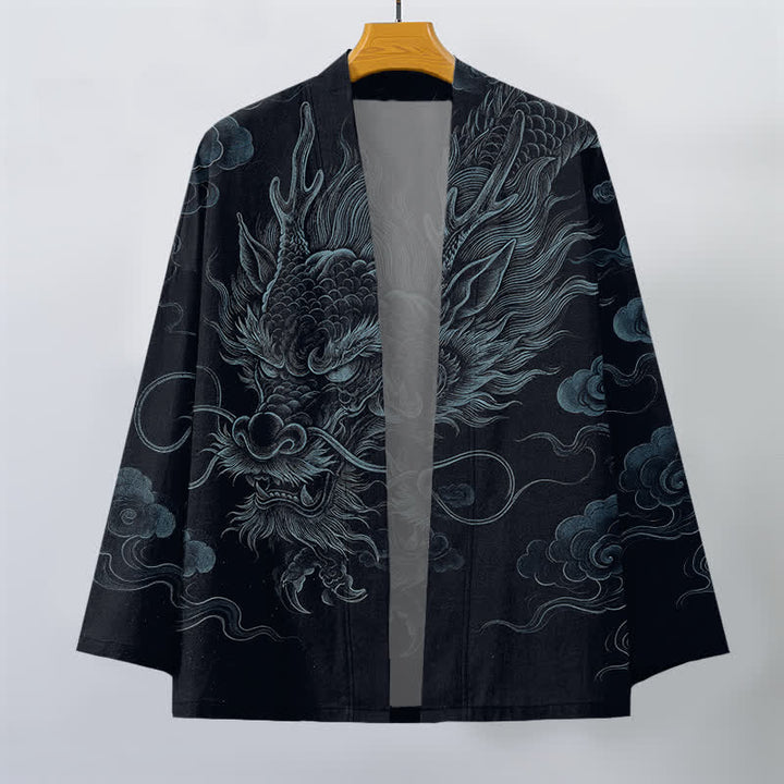 Buddha Stones Kimono pour homme en coton à motif de brume et de dragon ancien, ouvert sur le devant - image 10
