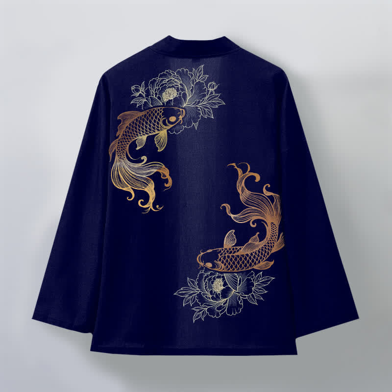 Buddha Stones Kimono pour homme en coton à motif de fleurs de carpe koï doubles, ouvert sur le devant - image 2