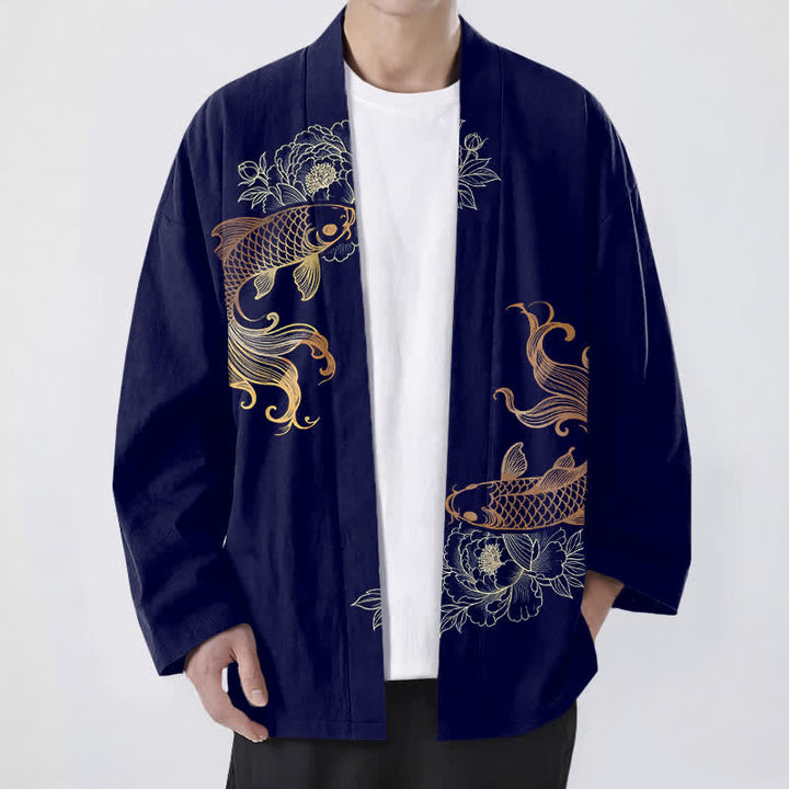 Buddha Stones Kimono pour homme en coton à motif de fleurs de carpe koï doubles, ouvert sur le devant - Marine - US/UK/AU48，EU58 (4XL) - image 0