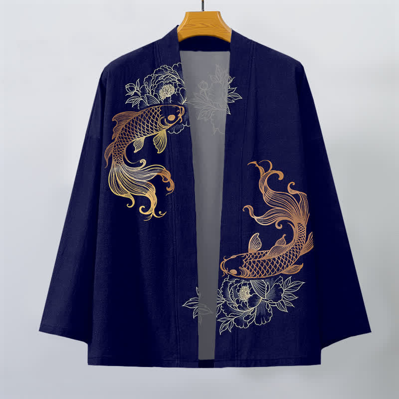 Buddha Stones Kimono pour homme en coton à motif de fleurs de carpe koï doubles, ouvert sur le devant - image 1