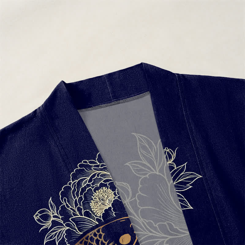 Buddha Stones Kimono pour homme en coton à motif de fleurs de carpe koï doubles, ouvert sur le devant - image 3