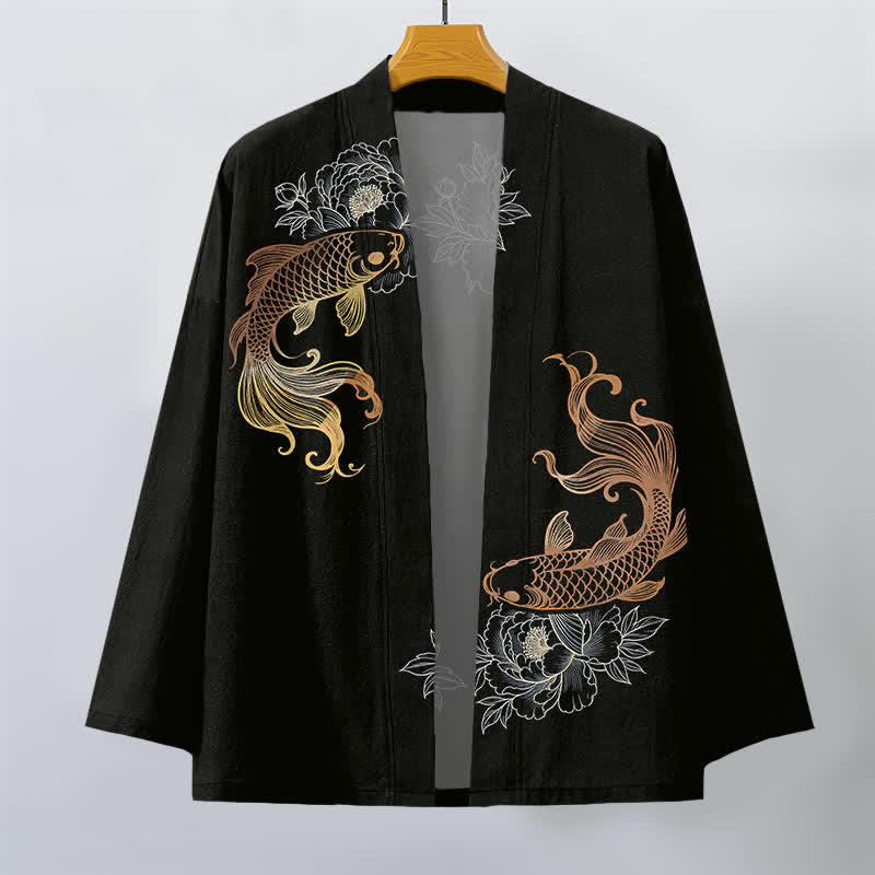 Buddha Stones Kimono pour homme en coton à motif de fleurs de carpe koï doubles, ouvert sur le devant - image 7