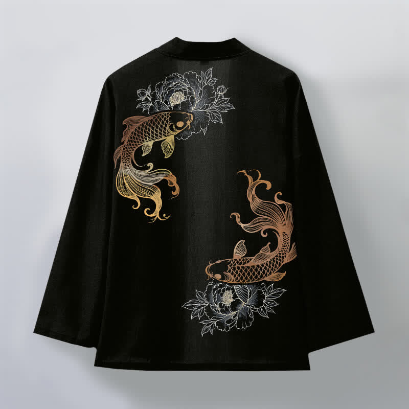 Buddha Stones Kimono pour homme en coton à motif de fleurs de carpe koï doubles, ouvert sur le devant - image 8