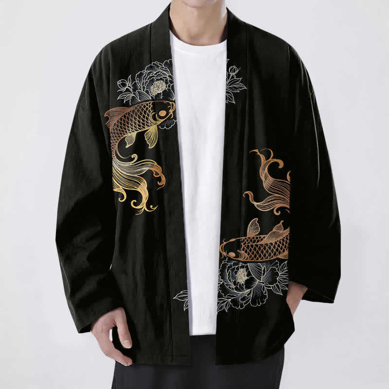 Buddha Stones Kimono pour homme en coton à motif de fleurs de carpe koï doubles, ouvert sur le devant - Noir - US/UK/AU48，EU58 (4XL) - image 6