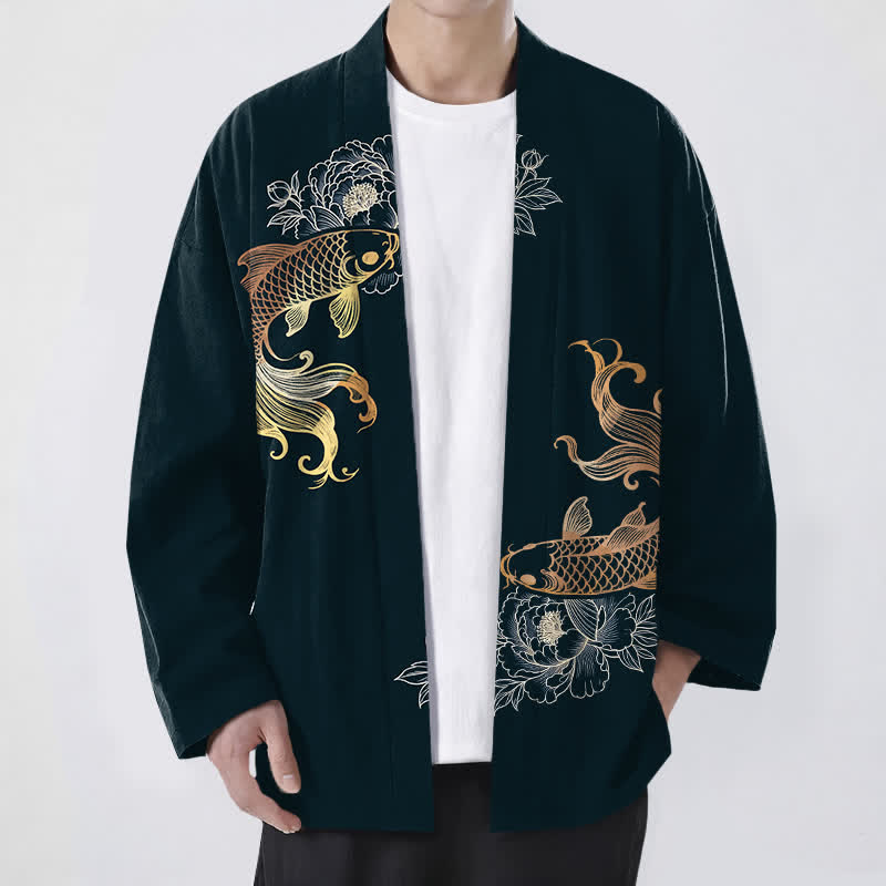 Buddha Stones Kimono pour homme en coton à motif de fleurs de carpe koï doubles, ouvert sur le devant - Gris ardoise foncé - US/UK/AU48，EU58 (4XL) - image 9