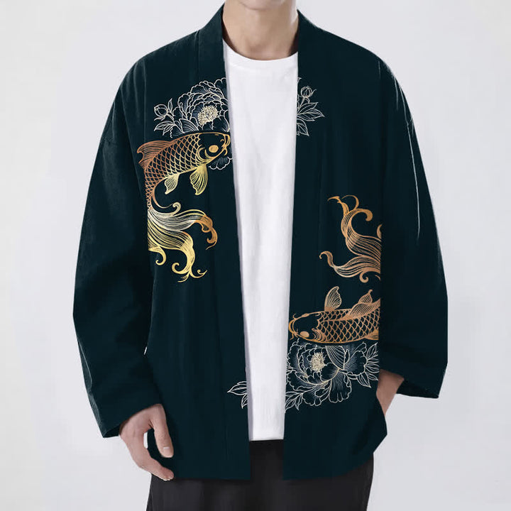 Buddha Stones Kimono pour homme en coton à motif de fleurs de carpe koï doubles, ouvert sur le devant - Gris ardoise foncé - US/UK/AU48，EU58 (4XL) - image 9