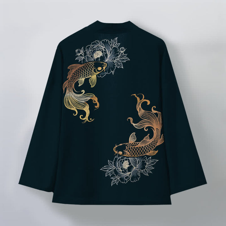 Buddha Stones Kimono pour homme en coton à motif de fleurs de carpe koï doubles, ouvert sur le devant - image 11