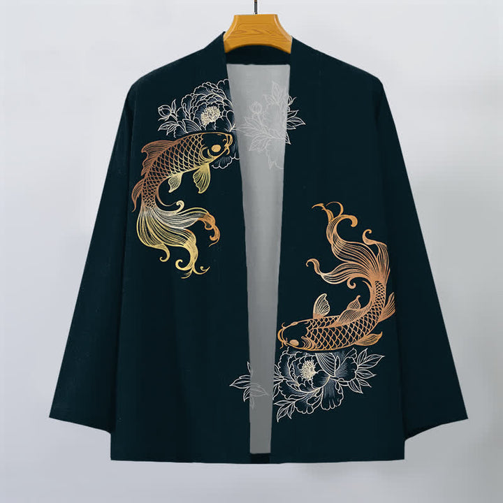 Buddha Stones Kimono pour homme en coton à motif de fleurs de carpe koï doubles, ouvert sur le devant - image 10