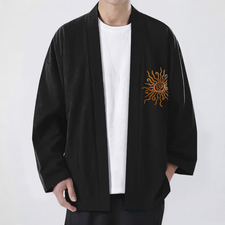 Buddha Stones Kimono pour homme en coton à motif soleil doré, ouvert sur le devant - Noir - US/UK/AU48，EU58 (4XL) - image 0