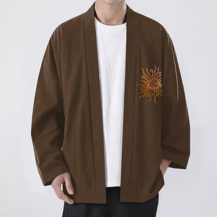 Buddha Stones Kimono pour homme en coton à motif soleil doré, ouvert sur le devant - SaddleBrown - US/UK/AU48，EU58 (4XL) - image 6