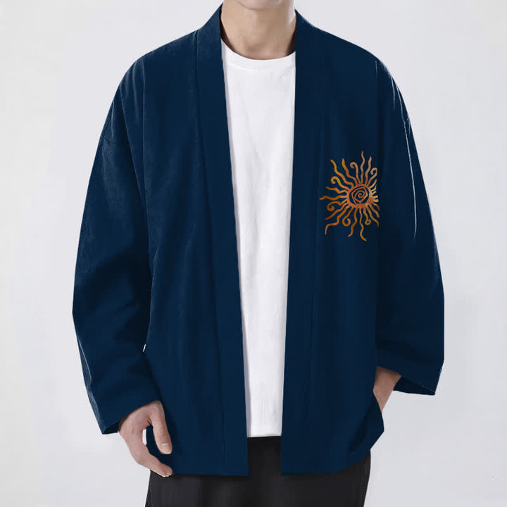 Buddha Stones Kimono pour homme en coton à motif soleil doré, ouvert sur le devant - Marine - US/UK/AU48，EU58 (4XL) - image 9