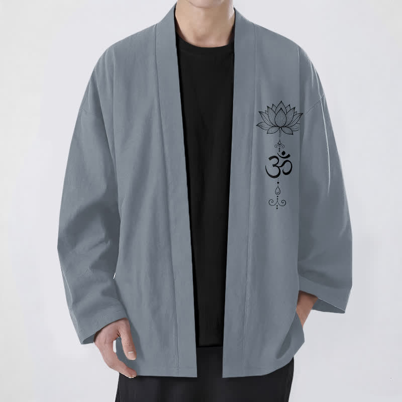 Buddha Stones Kimono pour homme en coton à motif lotus zen, ouvert sur le devant - Gris ardoise - US/UK/AU48，EU58 (4XL) - image 0