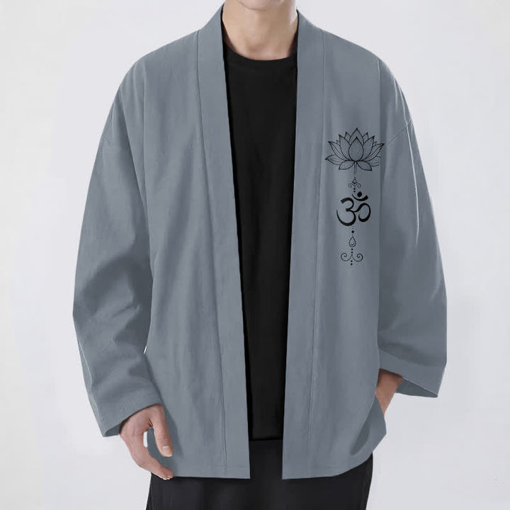 Buddha Stones Kimono pour homme en coton à motif lotus zen, ouvert sur le devant - Gris ardoise - US/UK/AU48，EU58 (4XL) - image 0