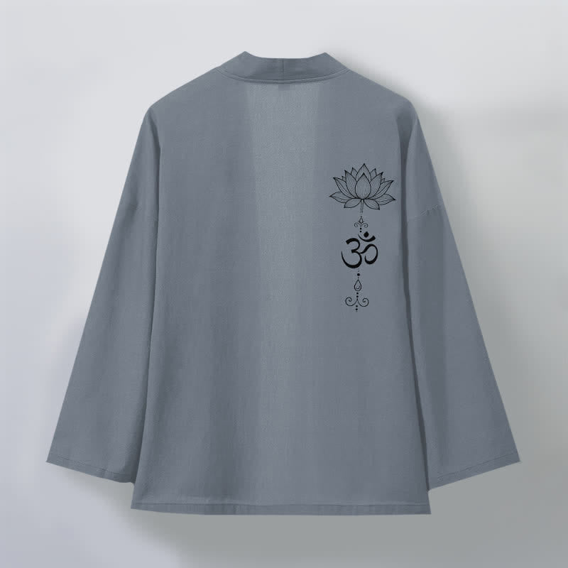 Buddha Stones Kimono pour homme en coton à motif lotus zen, ouvert sur le devant - image 2