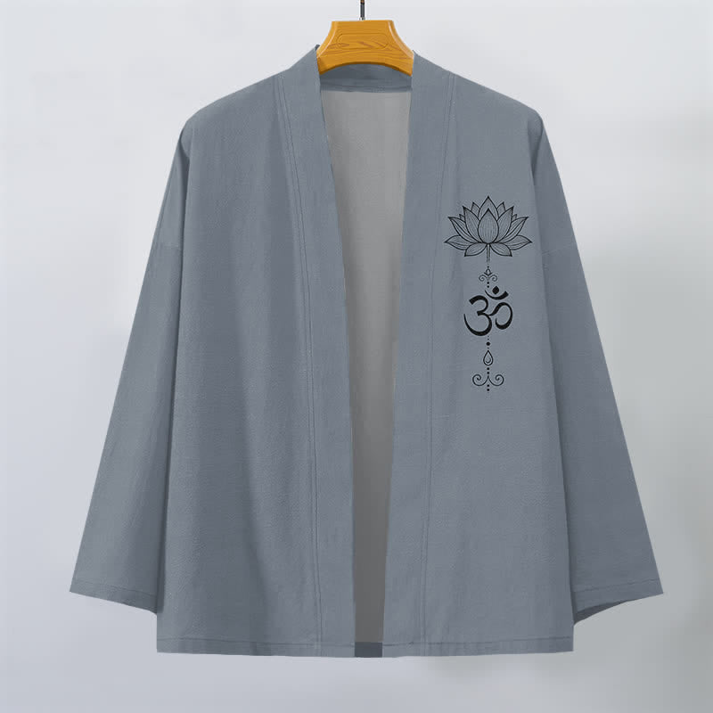 Buddha Stones Kimono pour homme en coton à motif lotus zen, ouvert sur le devant - image 1