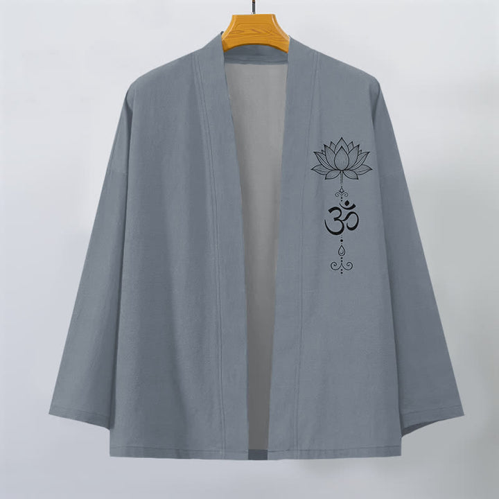 Buddha Stones Kimono pour homme en coton à motif lotus zen, ouvert sur le devant - image 1