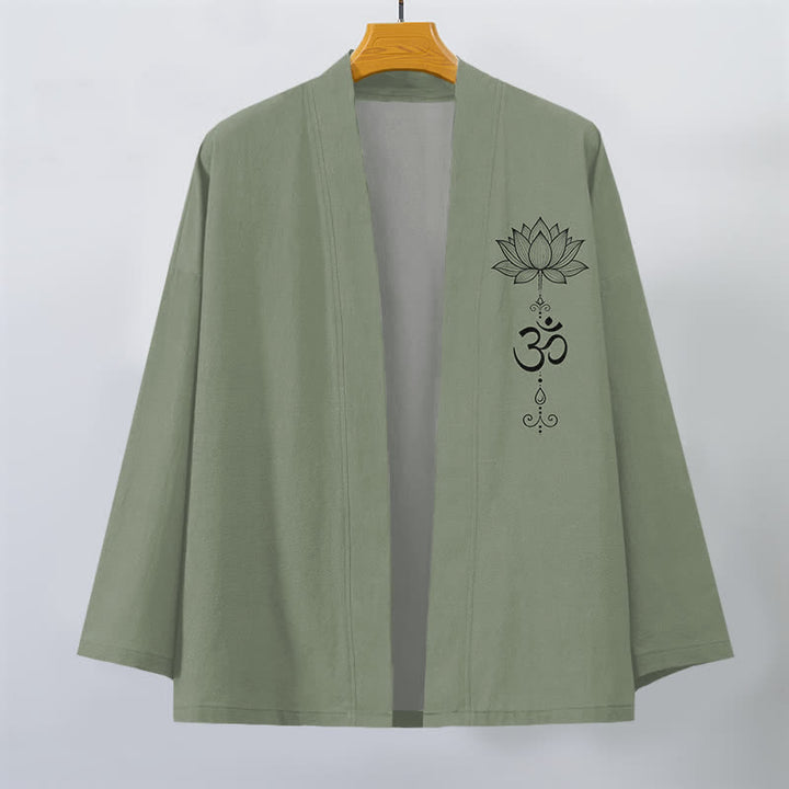 Buddha Stones Kimono pour homme en coton à motif lotus zen, ouvert sur le devant - image 7
