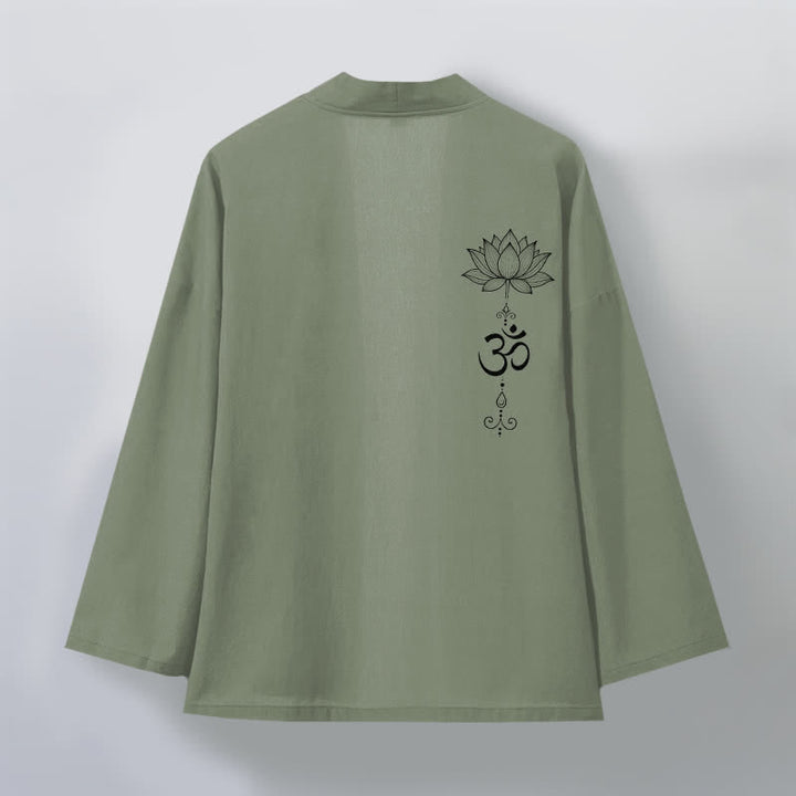 Buddha Stones Kimono pour homme en coton à motif lotus zen, ouvert sur le devant - image 8