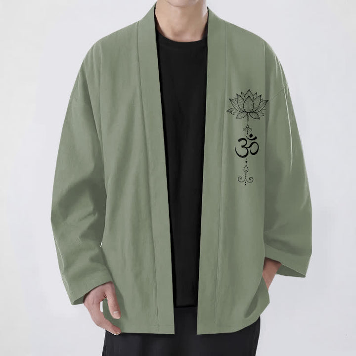 Buddha Stones Kimono pour homme en coton à motif lotus zen, ouvert sur le devant - Vert foncé - US/UK/AU48，EU58 (4XL) - image 6