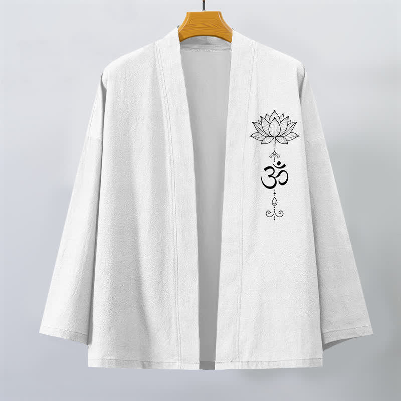 Buddha Stones Kimono pour homme en coton à motif lotus zen, ouvert sur le devant - image 10