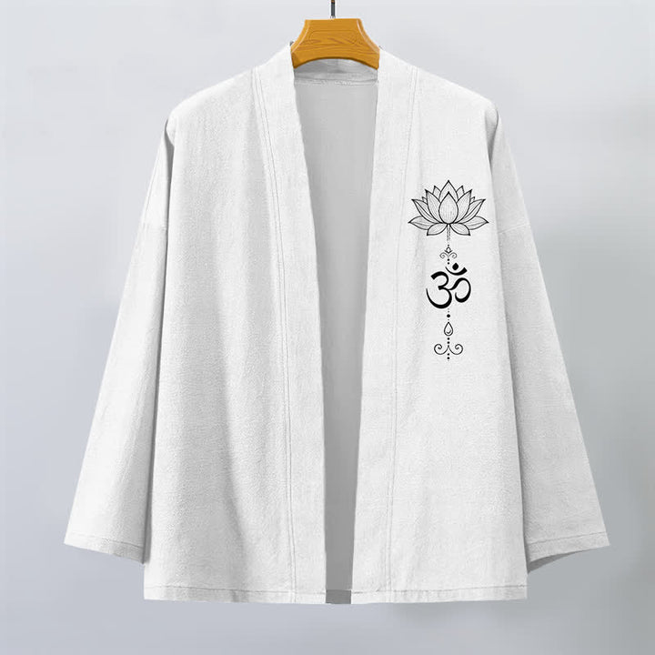 Buddha Stones Kimono pour homme en coton à motif lotus zen, ouvert sur le devant - image 10